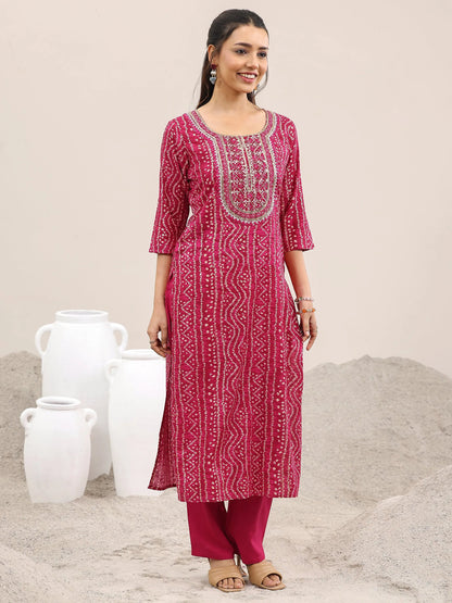 Libas Pink Printed Rayon Straight Suit With Dupatta