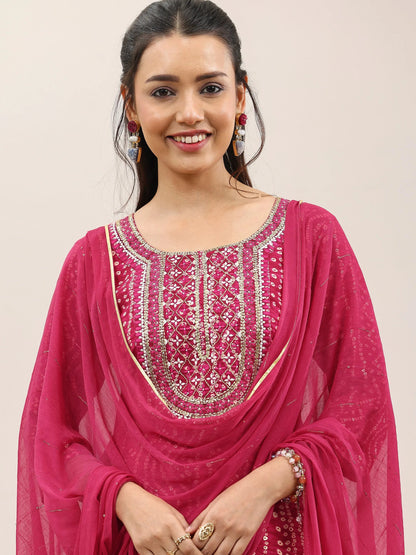 Libas Pink Printed Rayon Straight Suit With Dupatta