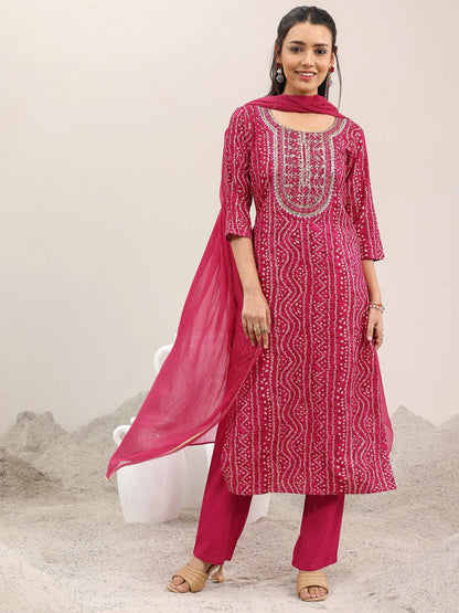 Libas Pink Printed Rayon Straight Suit With Dupatta