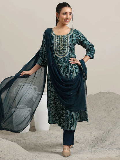 Libas Navy Blue Printed Rayon Straight Suit With Dupatta