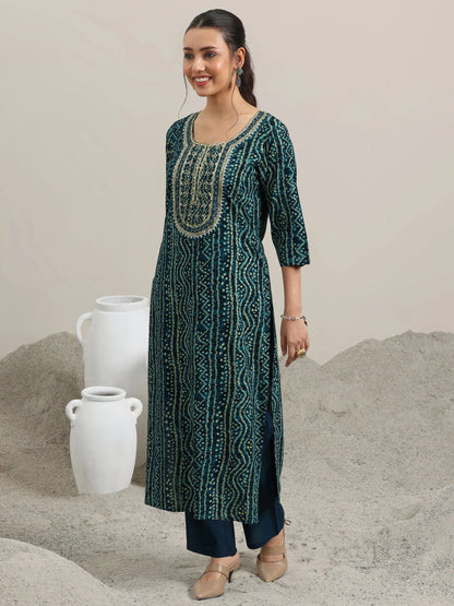 Libas Navy Blue Printed Rayon Straight Suit With Dupatta