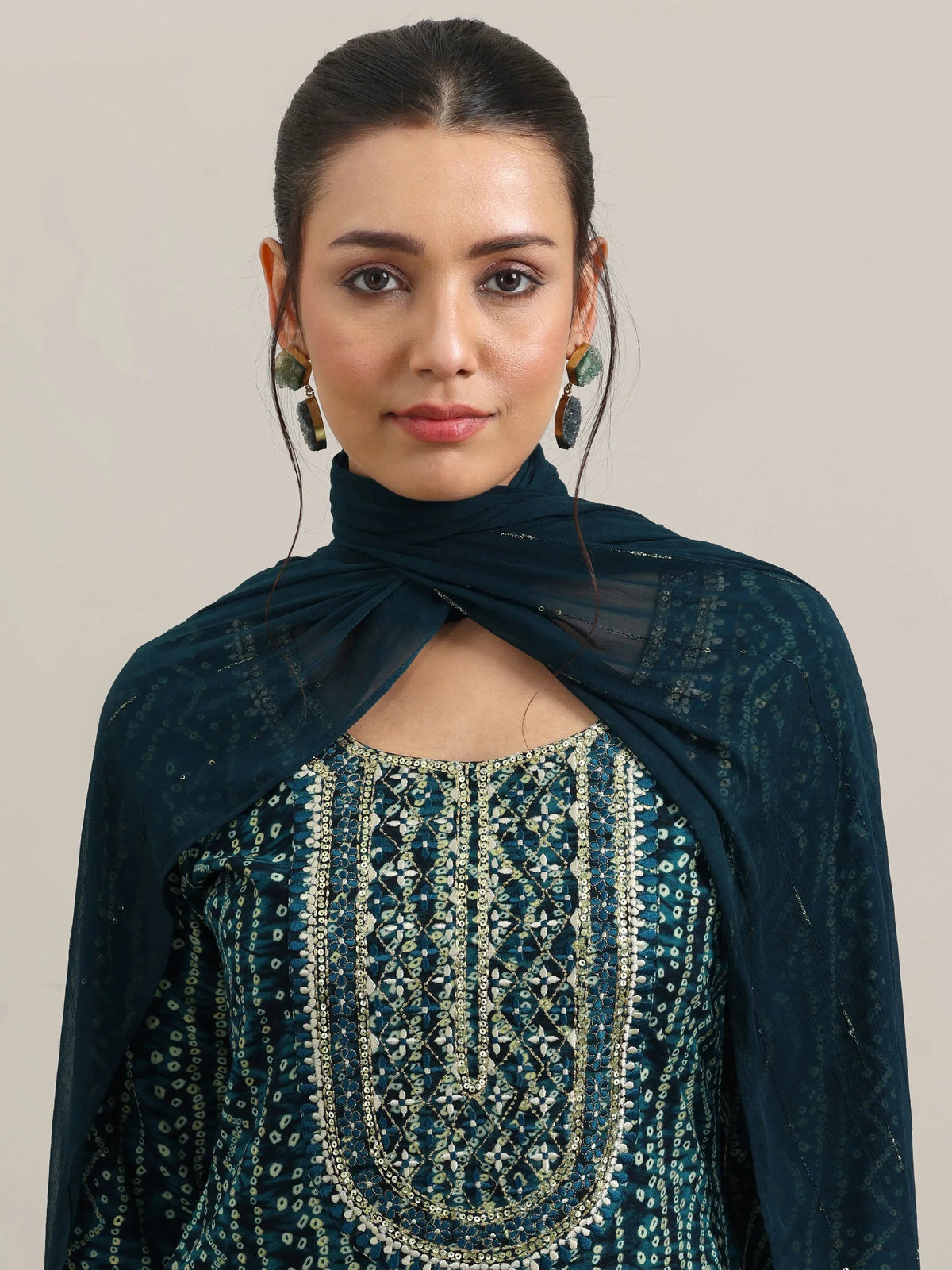 Libas Navy Blue Printed Rayon Straight Suit With Dupatta
