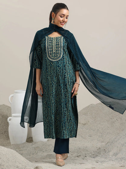 Libas Navy Blue Printed Rayon Straight Suit With Dupatta