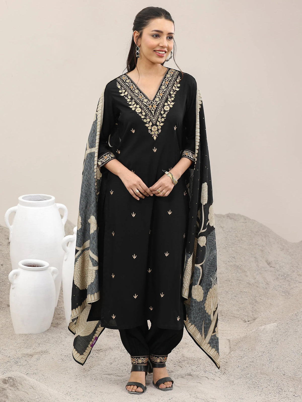 Libas Black Embroidered Rayon Straight Suit With Dupatta