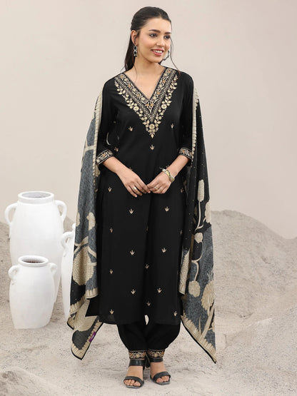 Libas Black Embroidered Rayon Straight Suit With Dupatta