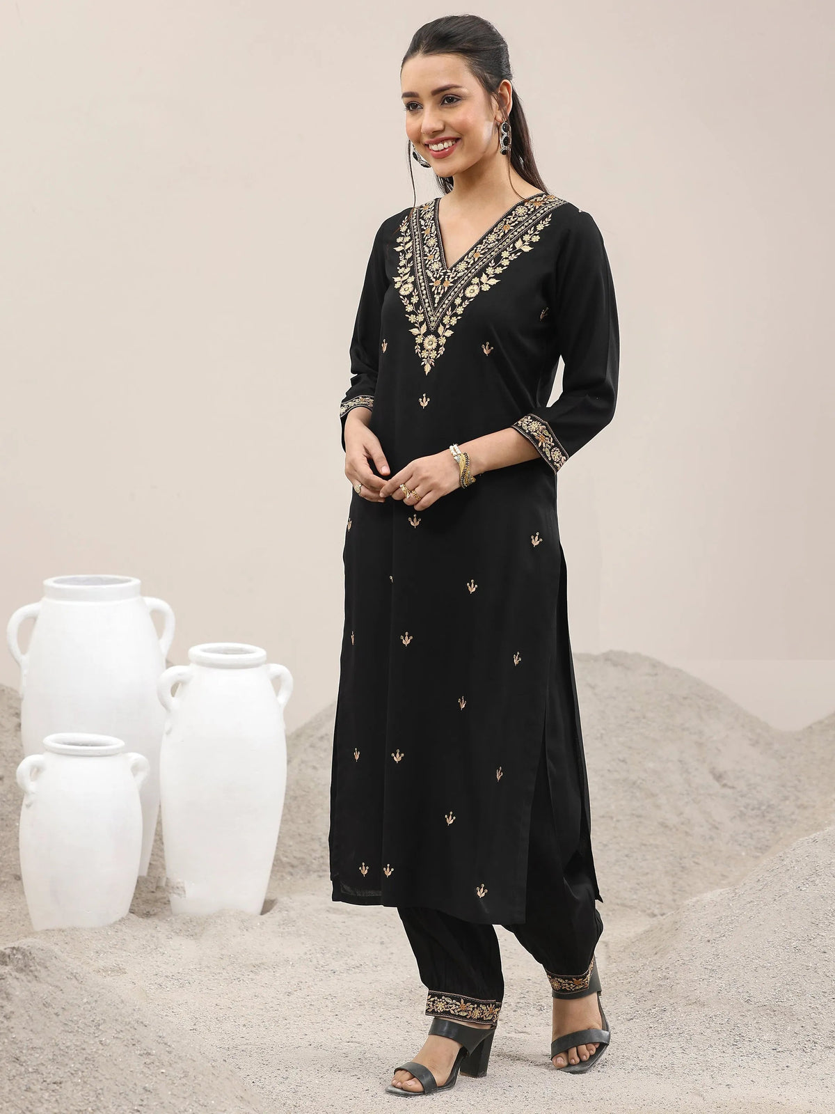 Libas Black Embroidered Rayon Straight Suit With Dupatta
