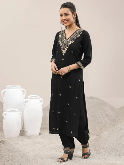 Libas Black Embroidered Rayon Straight Suit With Dupatta