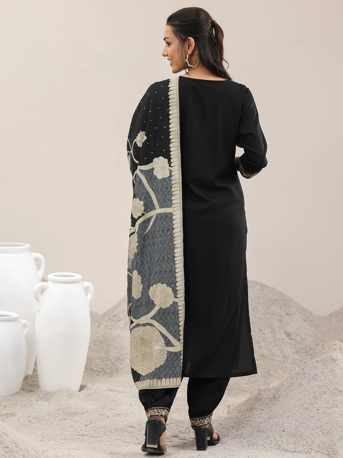 Libas Black Embroidered Rayon Straight Suit With Dupatta