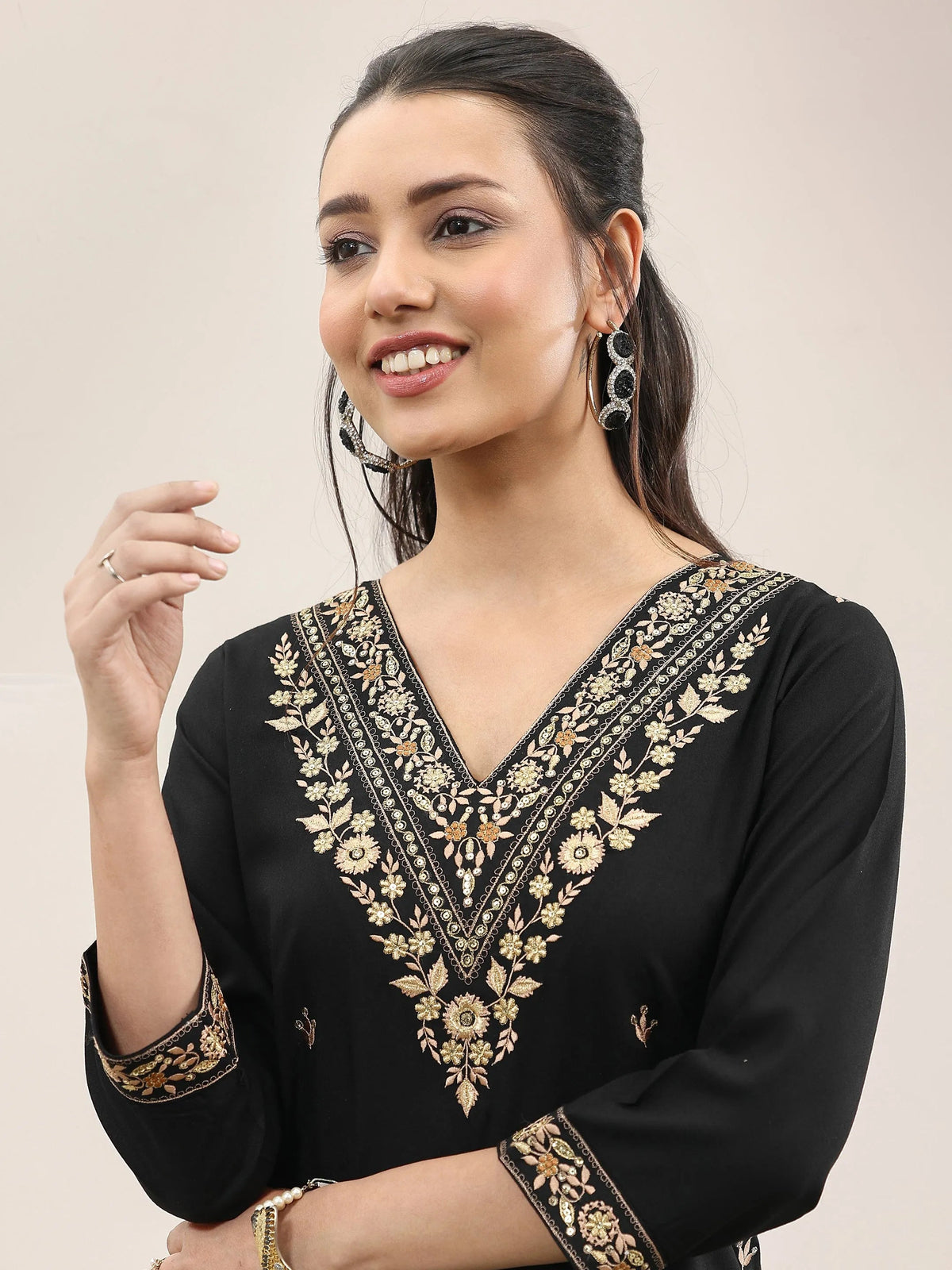 Libas Black Embroidered Rayon Straight Suit With Dupatta