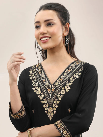 Libas Black Embroidered Rayon Straight Suit With Dupatta