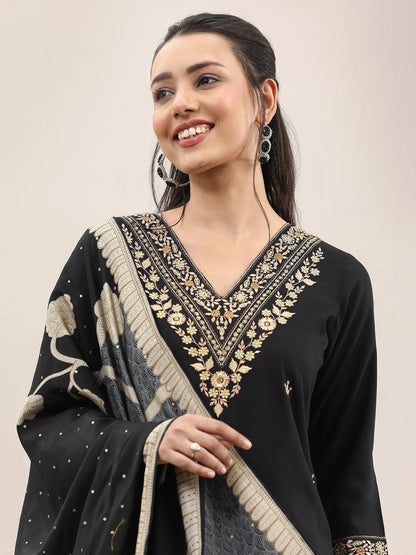 Libas Black Embroidered Rayon Straight Suit With Dupatta