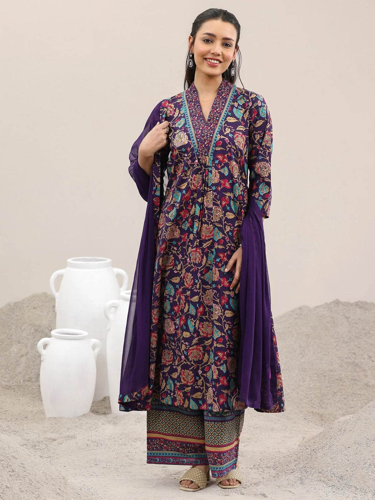 Libas Purple Printed Cotton A-Line Kurta With Palazzos & Dupatta