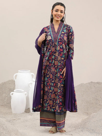 Libas Purple Printed Cotton A-Line Kurta With Palazzos & Dupatta