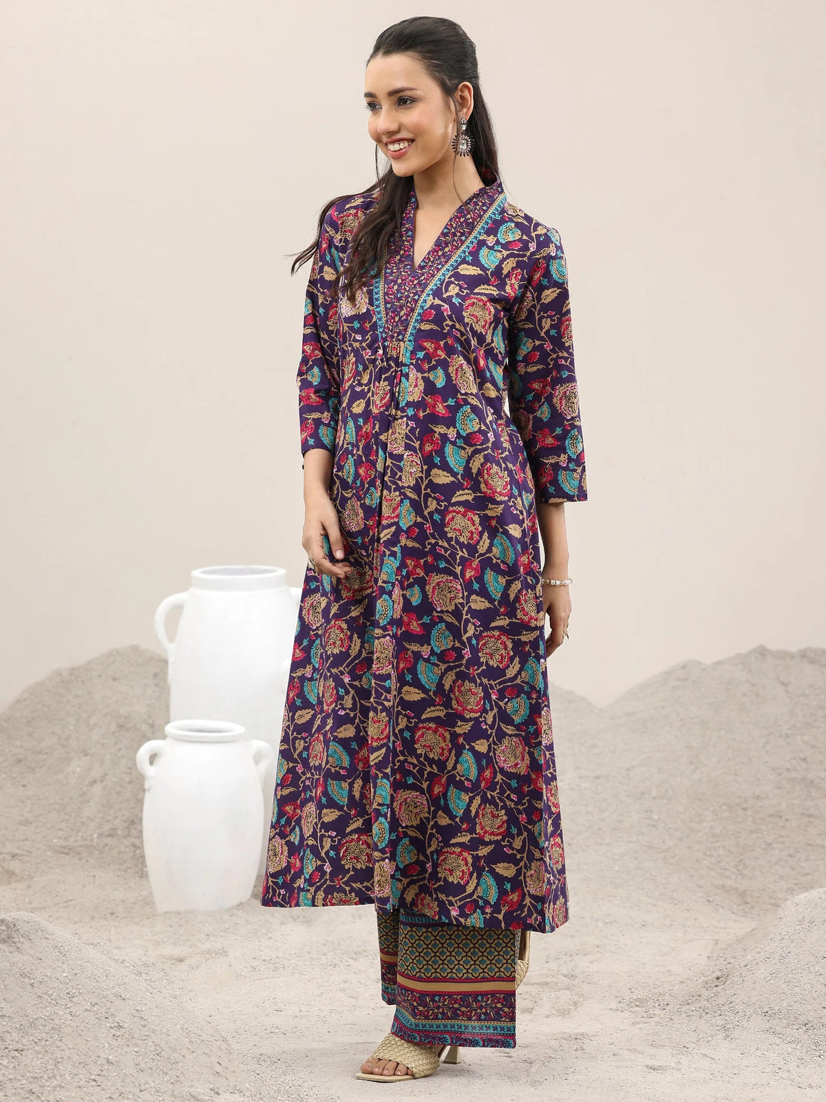 Libas Purple Printed Cotton A-Line Kurta With Palazzos & Dupatta