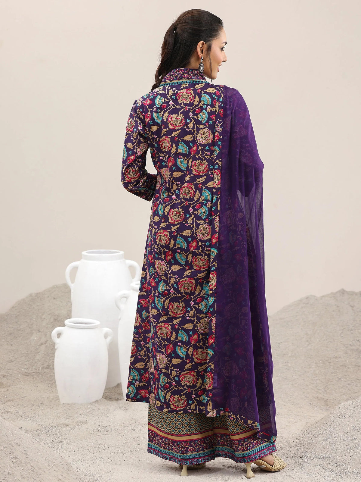 Libas Purple Printed Cotton A-Line Kurta With Palazzos & Dupatta
