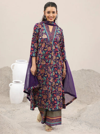 Libas Purple Printed Cotton A-Line Kurta With Palazzos & Dupatta