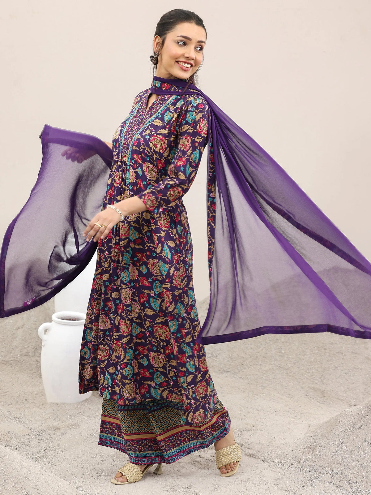 Libas Purple Printed Cotton A-Line Kurta With Palazzos & Dupatta