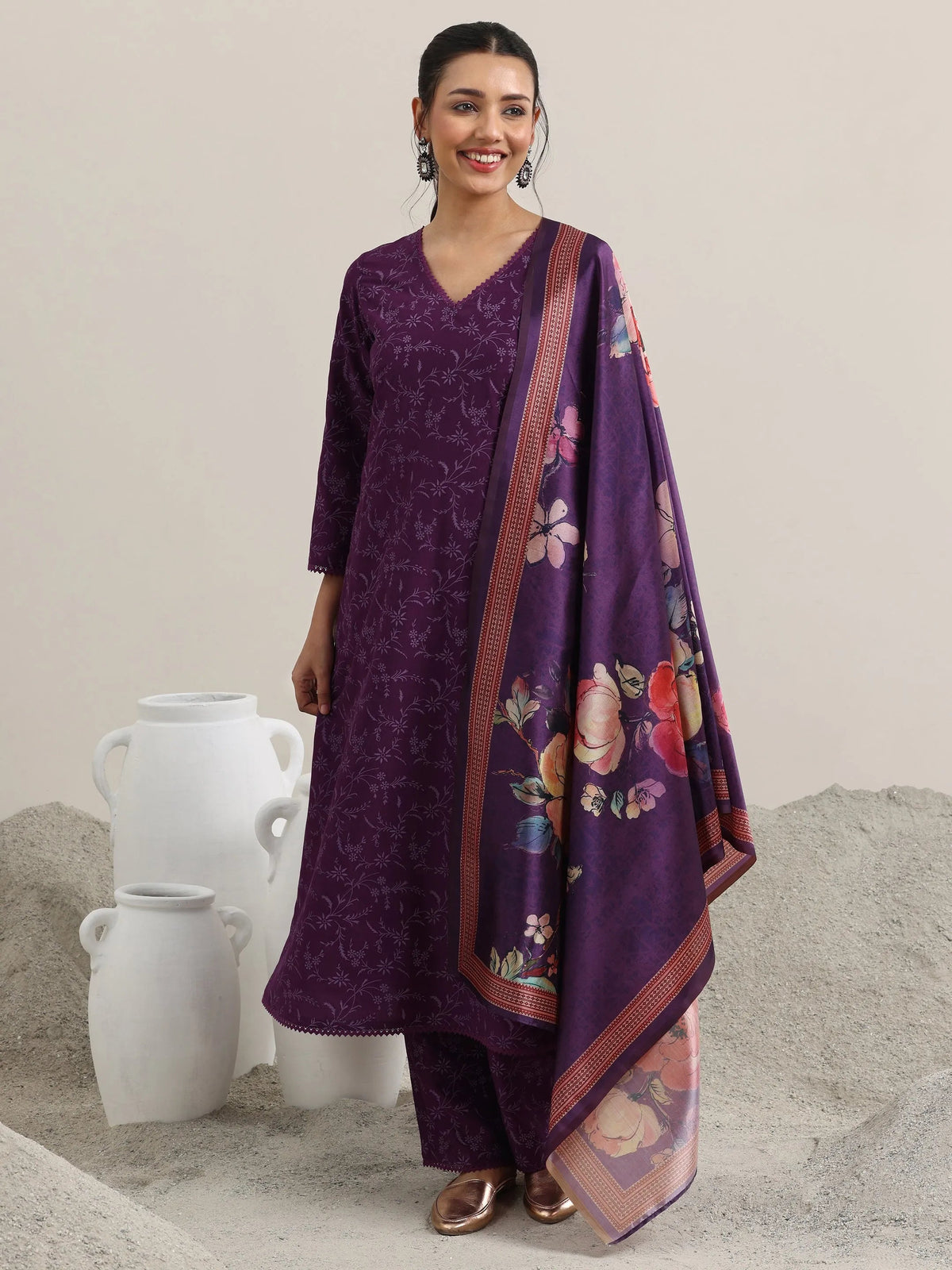 Libas Purple Printed Silk Blend A-Line Kurta With Trousers & Dupatta