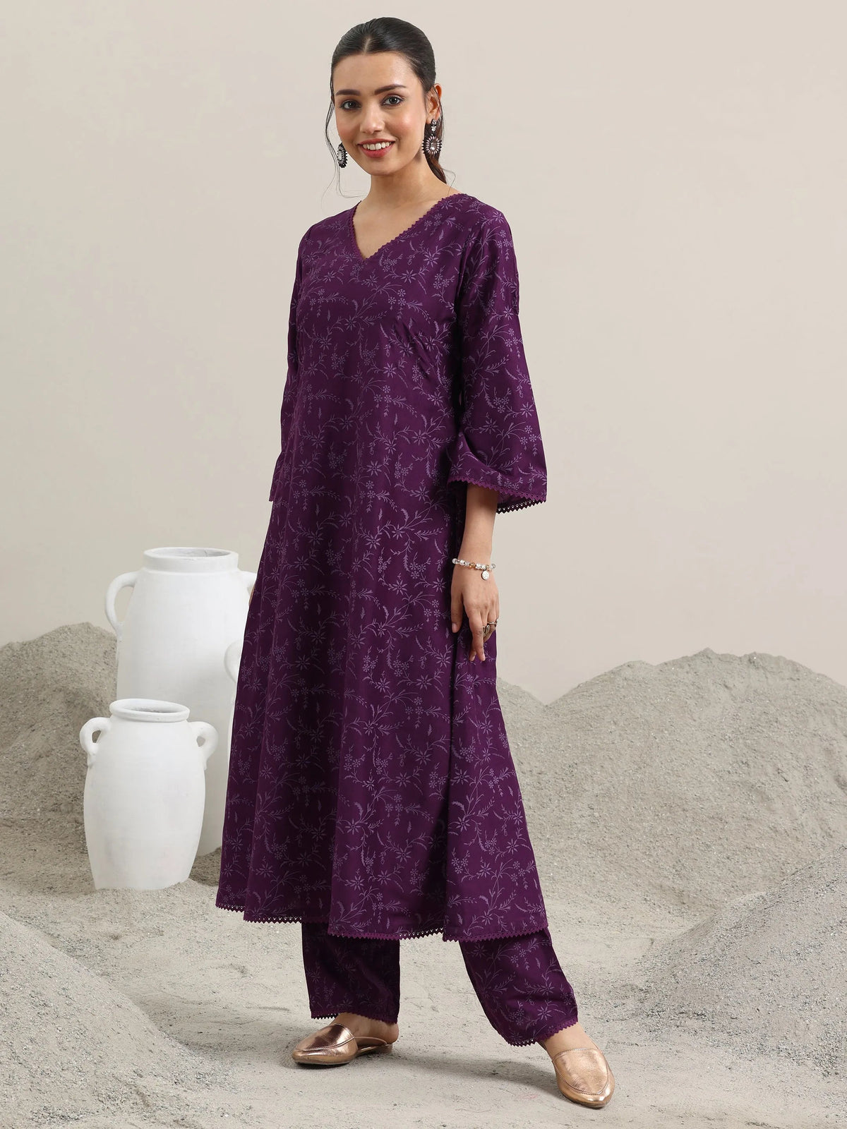 Libas Purple Printed Silk Blend A-Line Kurta With Trousers & Dupatta