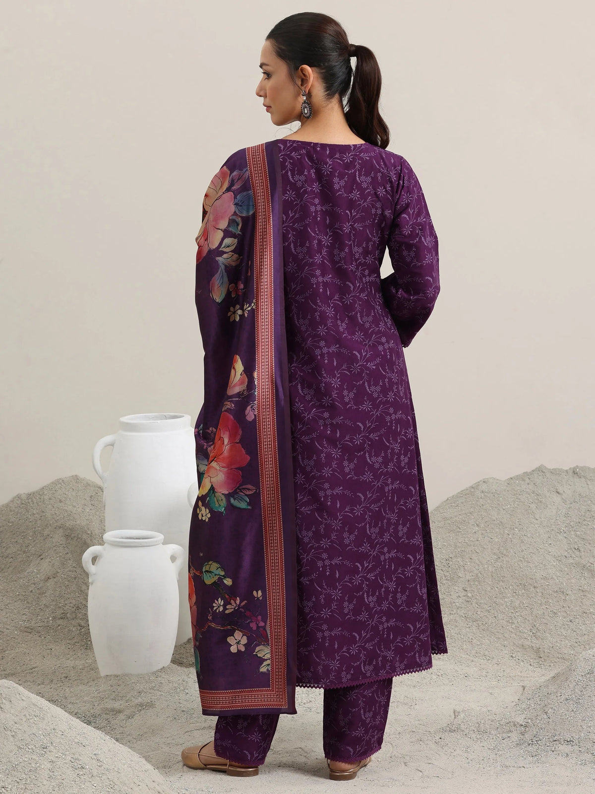 Libas Purple Printed Silk Blend A-Line Kurta With Trousers & Dupatta