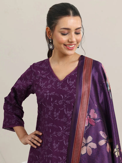 Libas Purple Printed Silk Blend A-Line Kurta With Trousers & Dupatta
