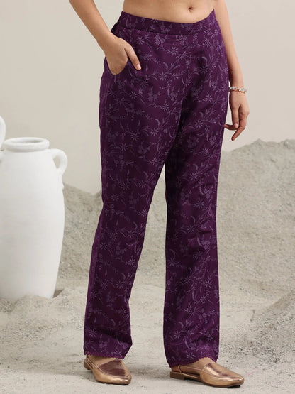 Libas Purple Printed Silk Blend A-Line Kurta With Trousers & Dupatta