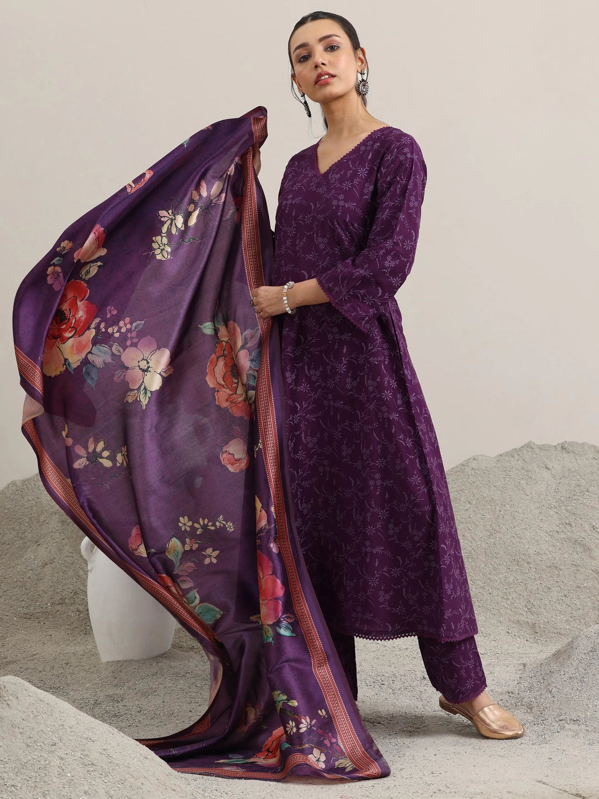 Libas Purple Printed Silk Blend A-Line Kurta With Trousers & Dupatta