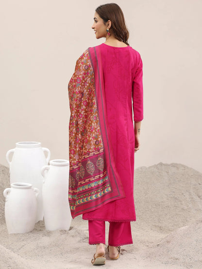 Libas Pink Printed Silk Blend A-Line Kurta With Trousers & Dupatta