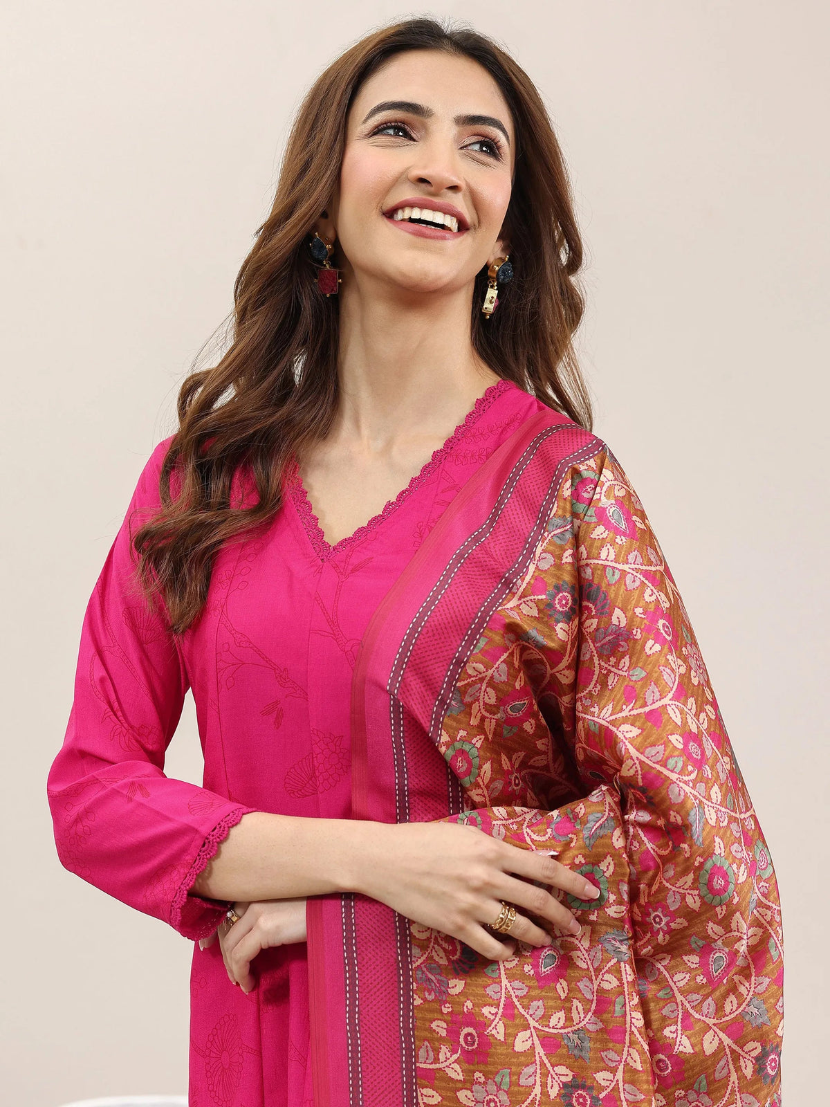 Libas Pink Printed Silk Blend A-Line Kurta With Trousers & Dupatta