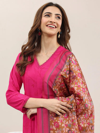 Libas Pink Printed Silk Blend A-Line Kurta With Trousers & Dupatta