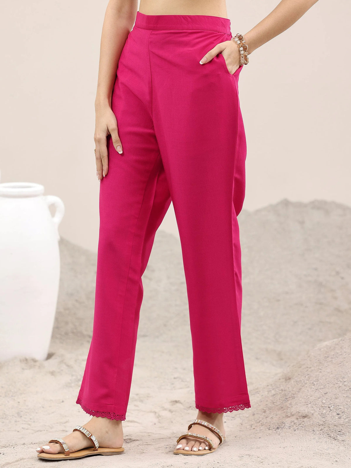 Libas Pink Printed Silk Blend A-Line Kurta With Trousers & Dupatta
