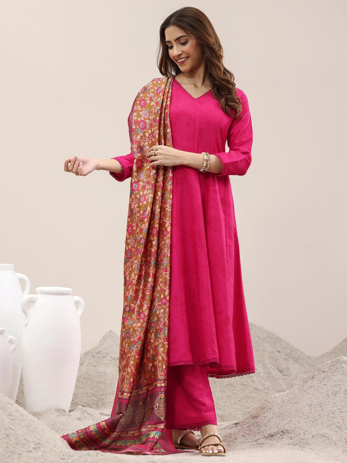 Libas Pink Printed Silk Blend A-Line Kurta With Trousers & Dupatta