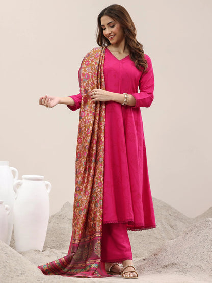 Libas Pink Printed Silk Blend A-Line Kurta With Trousers & Dupatta