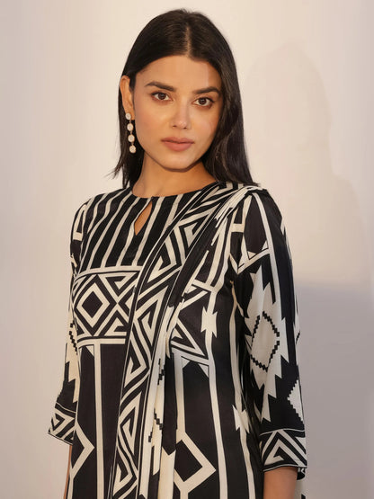 Libas Black Printed Silk Blend Straight Suit With Dupatta