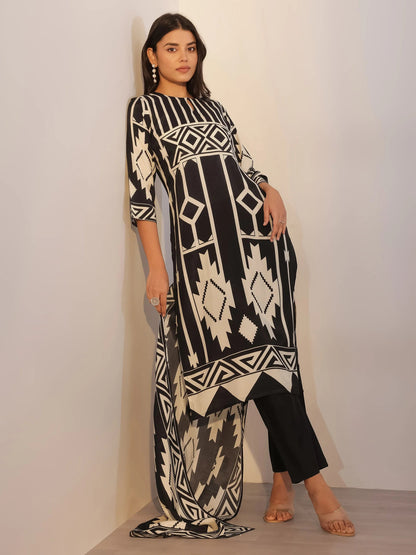 Libas Black Printed Silk Blend Straight Suit With Dupatta