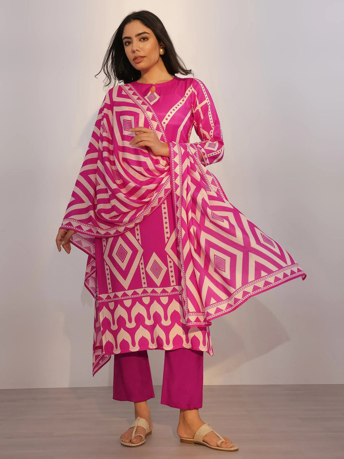 Libas Pink Printed Silk Blend Straight Suit With Dupatta