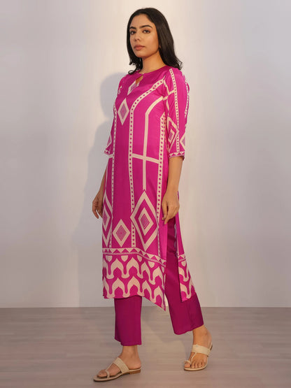 Libas Pink Printed Silk Blend Straight Suit With Dupatta
