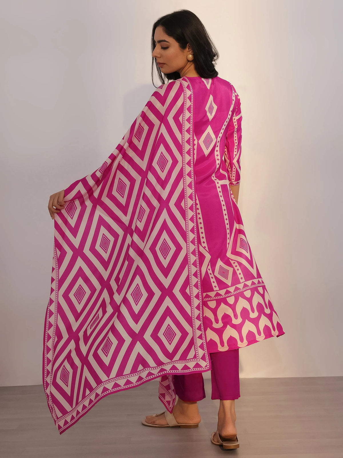 Libas Pink Printed Silk Blend Straight Suit With Dupatta