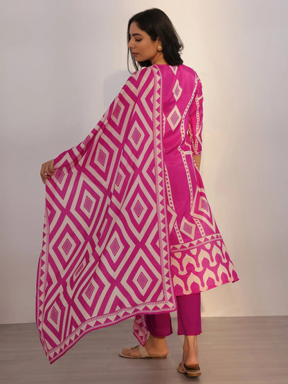 Libas Pink Printed Silk Blend Straight Suit With Dupatta