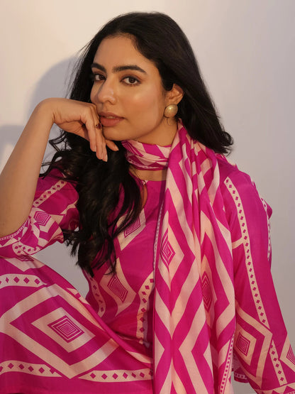Libas Pink Printed Silk Blend Straight Suit With Dupatta