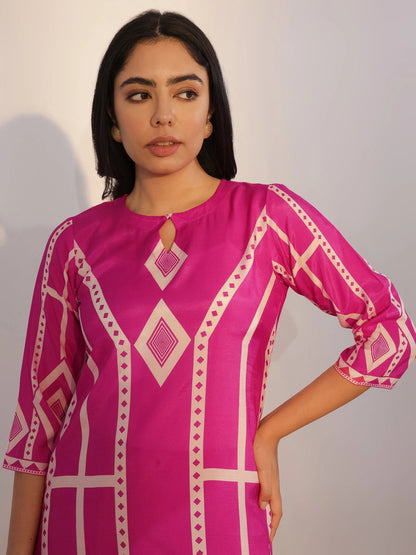 Libas Pink Printed Silk Blend Straight Suit With Dupatta
