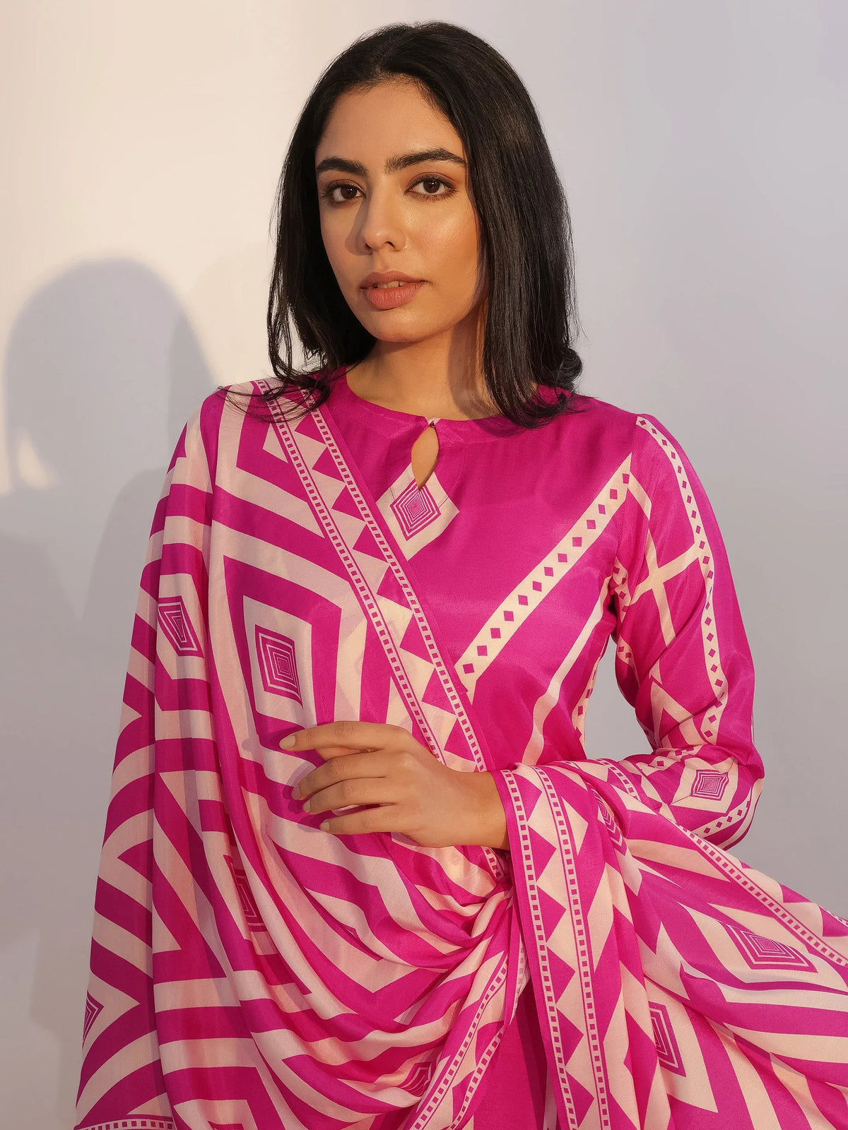 Libas Pink Printed Silk Blend Straight Suit With Dupatta