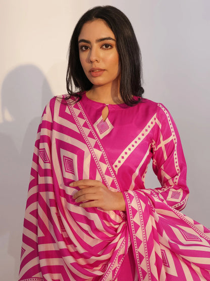 Libas Pink Printed Silk Blend Straight Suit With Dupatta