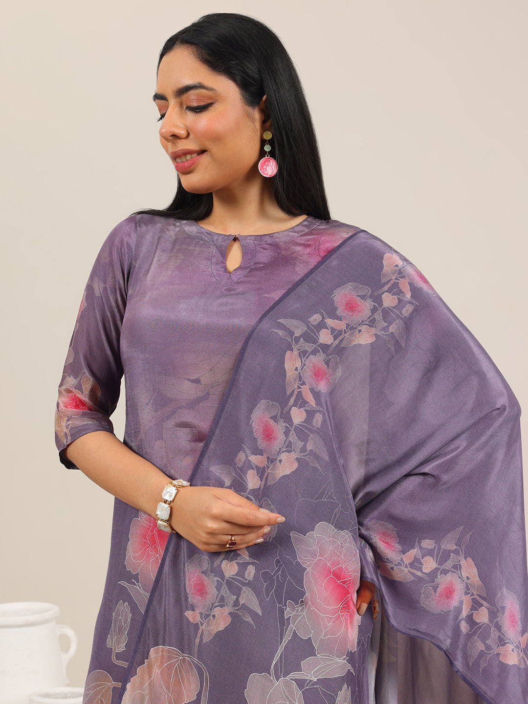 Libas Mauve Printed Silk Blend Straight Suit With Dupatta