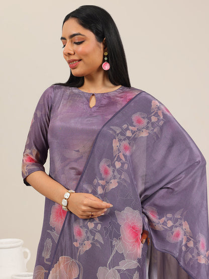 Libas Mauve Printed Silk Blend Straight Suit With Dupatta