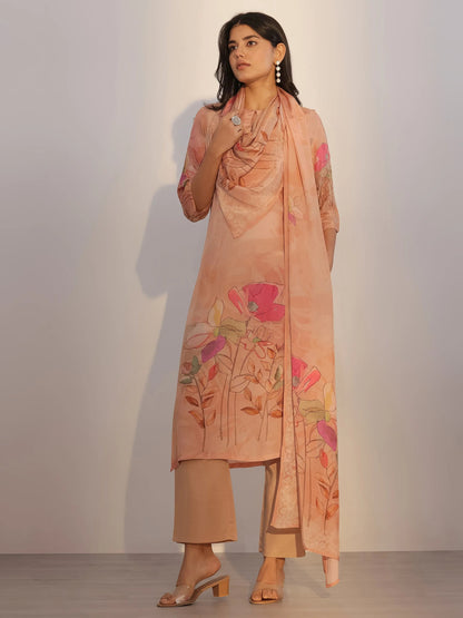 Libas Peach Printed Silk Blend Straight Suit With Dupatta