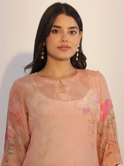 Libas Peach Printed Silk Blend Straight Suit With Dupatta