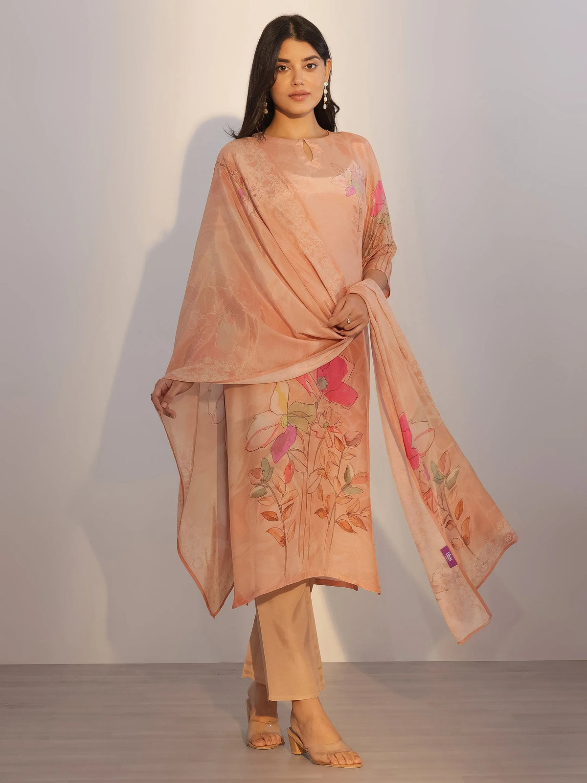 Libas Peach Printed Silk Blend Straight Suit With Dupatta