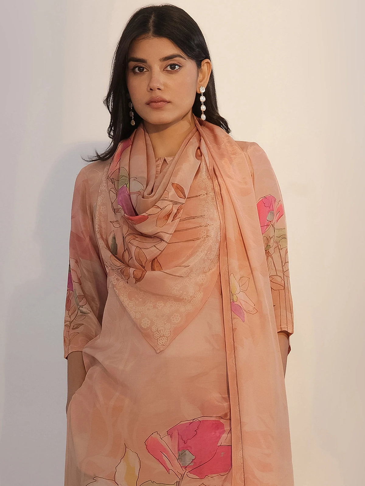 Libas Peach Printed Silk Blend Straight Suit With Dupatta