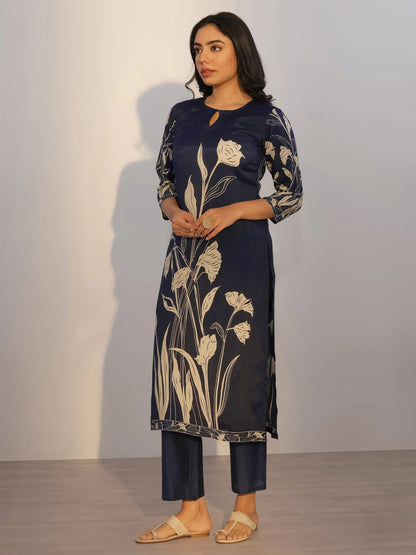 Libas Navy Blue Printed Silk Blend Straight Suit With Dupatta